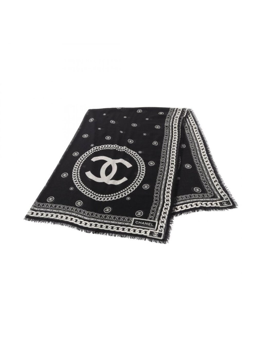 Chanel Shawl CC Logo Black Silk Scarf
